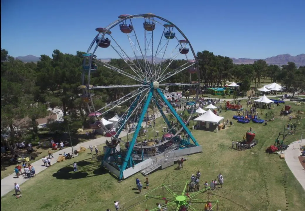 Aerial View Ferris Wheel Carnival Fairground White Tents Outdoor Event Production Las Vegas