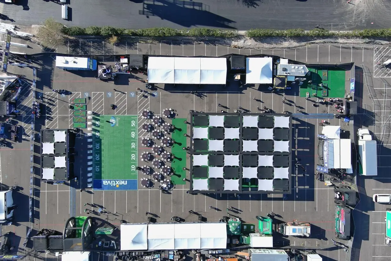 Aerial View Outdoor Event Artificial Turf Checkerboard Canopy Event Production Las Vegas